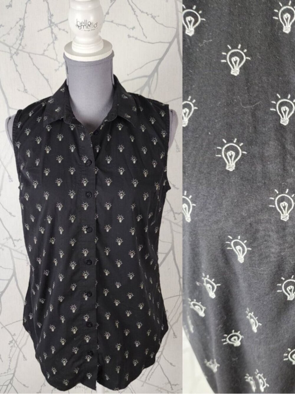 Twik Black Lightbulb Print Cotton Blend Collared Button Front Tank